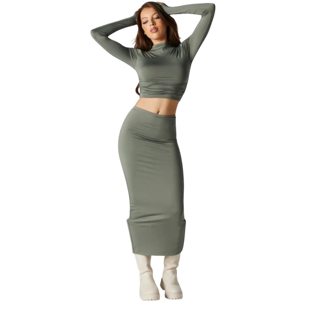 Forever 21 Sage Maxi Skirt with Long Sleeve Cropped Top Matching Set